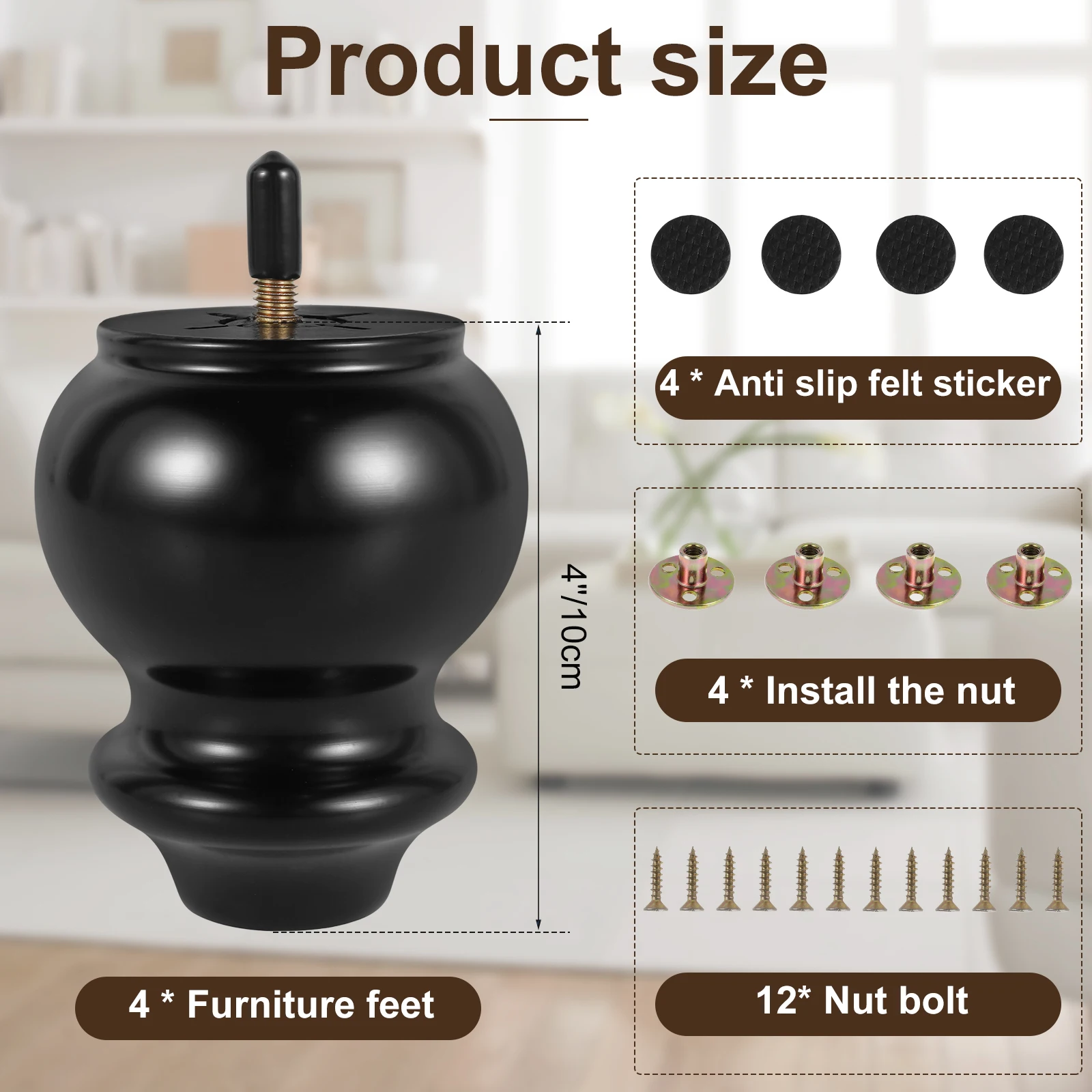 4Pcs Furniture Leg Set Solid Wood Sofa Legs Replacement Feet Fittings Height 4 Inch Coffee Table TV Cabinet Wooden Legs