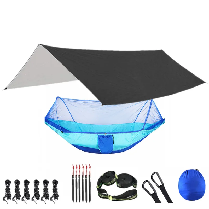 Portable Parachute Outdoor Camping Hammock with Mosquito Net and 118x118in Rain Fly Tarp,10-ring Tree Strap Hammocks Swing 