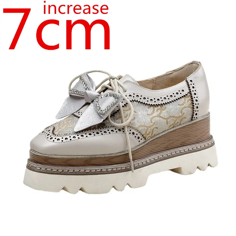 

British Fashion Rhinestone Style Women Heightening Shoes Square Head Leather Thick Soles Shoes Bowknot Women Shoes Increased 7cm