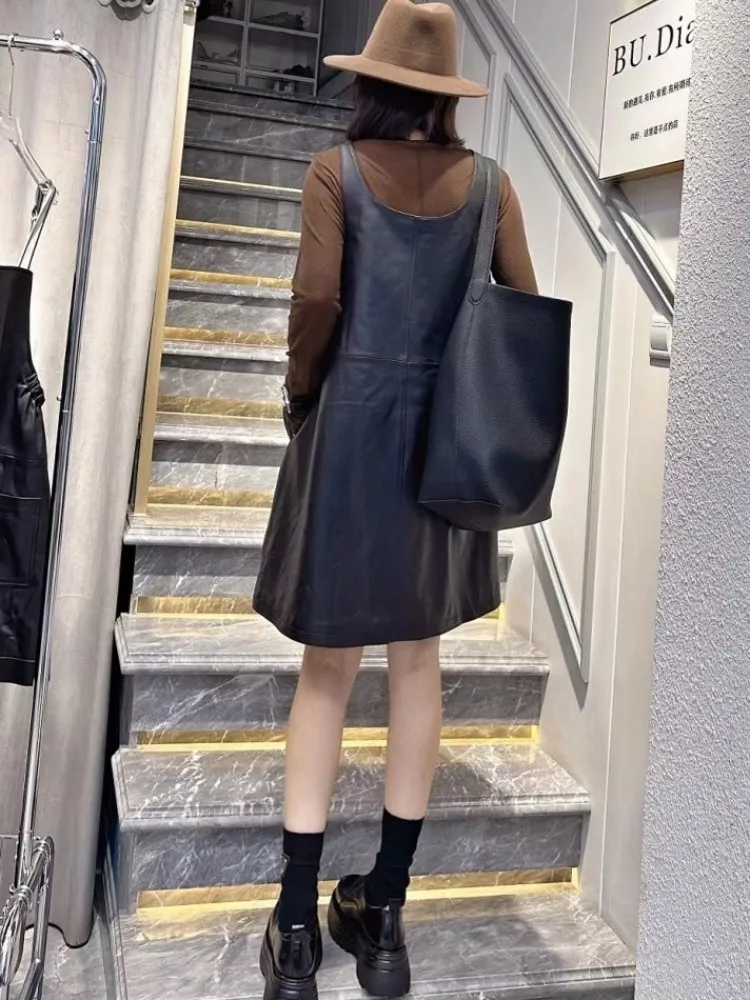 하이 스트리트 캐주얼 여성 탱크 드레스 패션 루즈 피트 오-넥 민소매 짧은 드레스 스위트 숙녀  가죽 a 라인 드레스