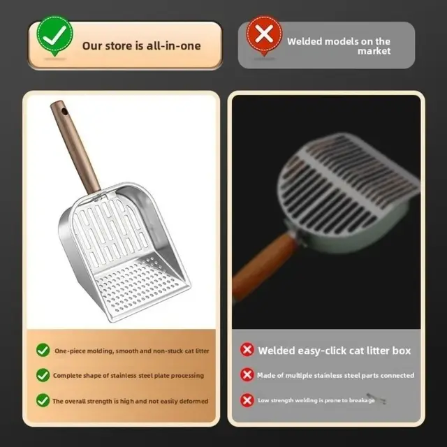 Stainless Steel Cat Litter Scoop Wooden Handle Hollow Design Litter Box Shovel Nonstick Surface Large Waste Removal Sifting Tool 2