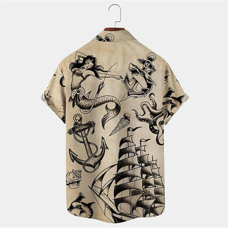 Men's Vintage Mermaid Print Shirts Boat Anchor Print Button Shirts Summer Ocean Element Shirts Men's Hawaiian Leisure Shirts 2