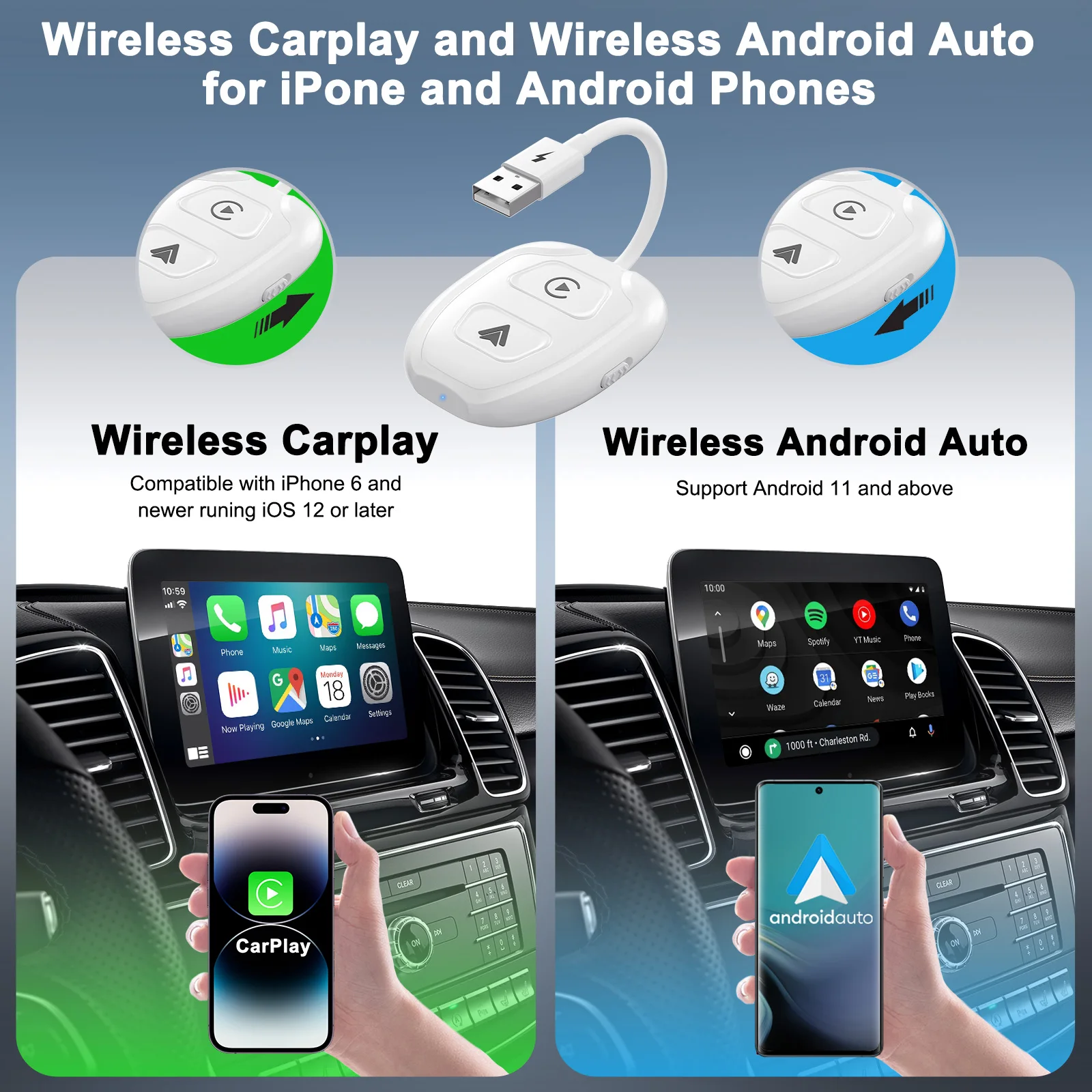 2-in-1 Wireless Apple CarPlay & Android Auto Wireless Adapter, 5.8 GHz  Wireless AA Wireless Carplay Dongle for Wired Apple Carplay & Android Car