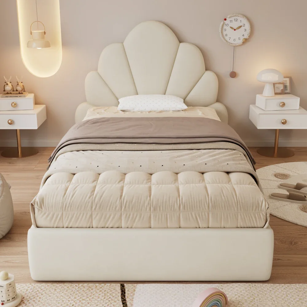 Gepolstertes Doppelbett, Kopfteil mit gebogenen Blütenblättern, stilvoll und bequem, moderner Bettrahmen, Samt, Beige, 140 x 200 cm – Detail 29