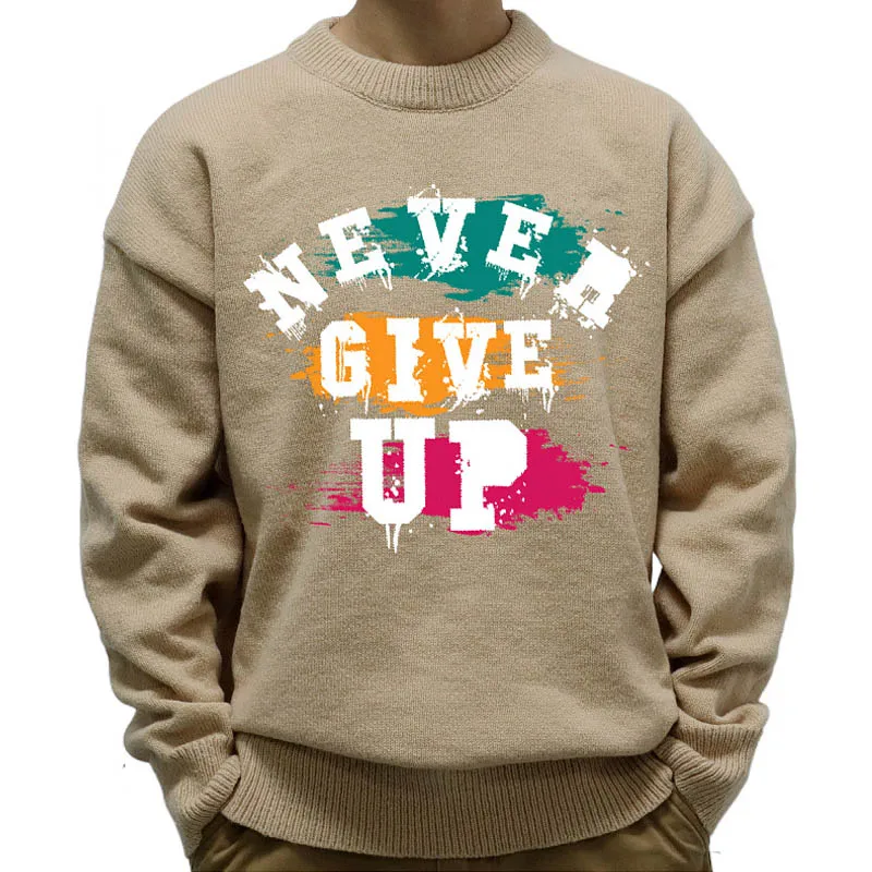 

Men's Sweater Autumn Winter Long Sleeve Khaki Sweaters Pullovers Casual O-Neck Knit Men Pullover Letter Printed Jumper Knitwears