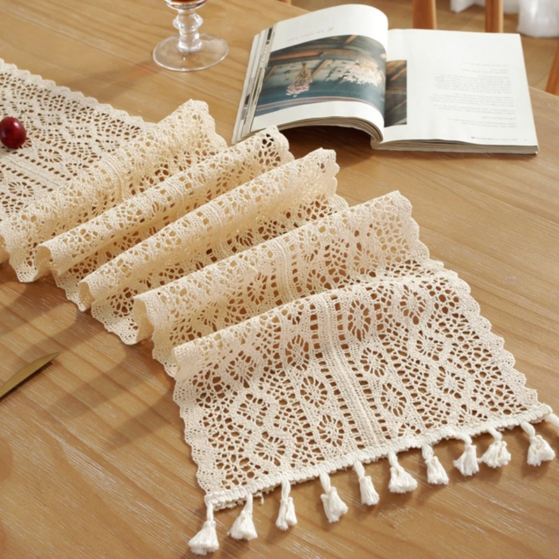 

Pastoral Crochet Knit Hollow Table Cloth Lace Tassel Table Runner with Polyester Cotton for Dining Wedding Party Decoration