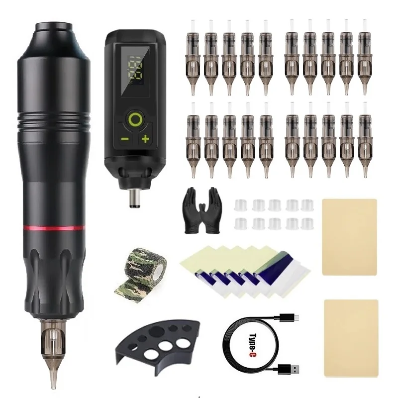 Professional Wireless Tattoo Gun Kit Rotary Pen 20pcs Cartridge Tattoo Needles for Body Art Permanent Makeup Machine Set