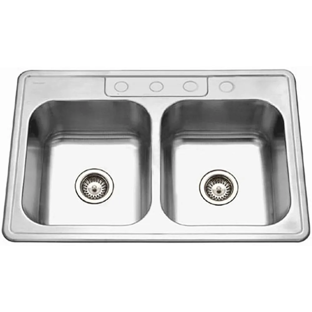 

33-by-22-by-9-Inch For Kitchen Accessories Stainless Steel Glowtone Double Bowl Drop Sink 9 Inch Depth / 18 Inch Gauge-4 Holes