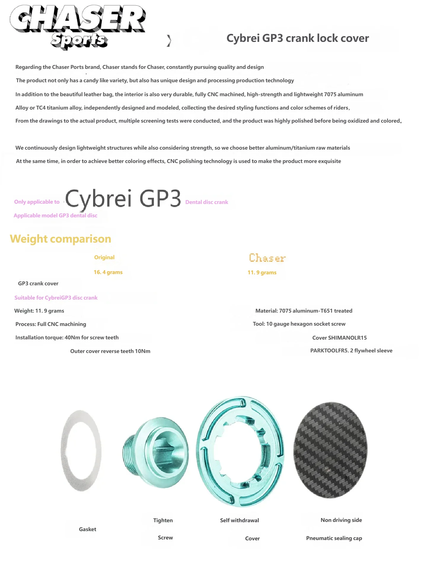 Chaser Ultraleichte Kurbelschraube aus Aluminiumlegierung, Kettenblattschraube, Anti-Lösen-Kappe mit Dichtungsabdeckung für Cybrei GP3 – Detail 1