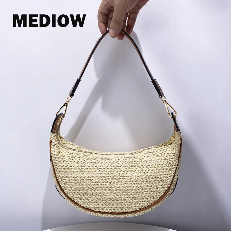 

MEDIOW Half Moon Straw Beach Bag For Women Luxury Designer Handbag Purses 2024 New In Papyrus Braided Small Wide Straps Shoulder