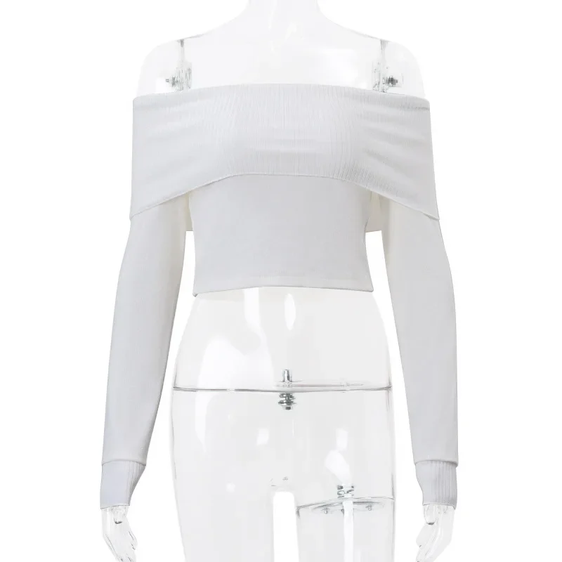 Fashion Off Shoulder Knit Tops Women Slim Elegant Club Party Streetwear Sexy Top Pullover White Full Sleeve Outfits Cloth