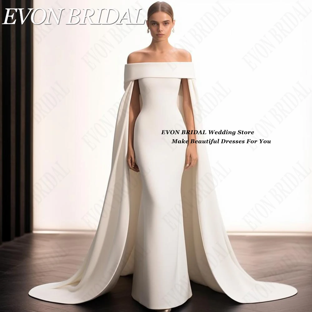 

EVON BRIDAL Simple Crape Wedding Dresses With Cape Mermaid Civil vestidos de novia 2024 Elegant Boat Neck Bride Dress Custom