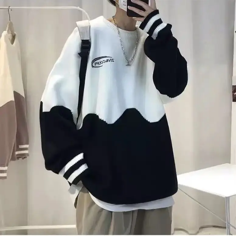 Fashion Solid Autumn Winter Loose Long Sleeve T-shirt Men Pullover Soft Solid Patchwork Two Color Milk Print Sweater Warm