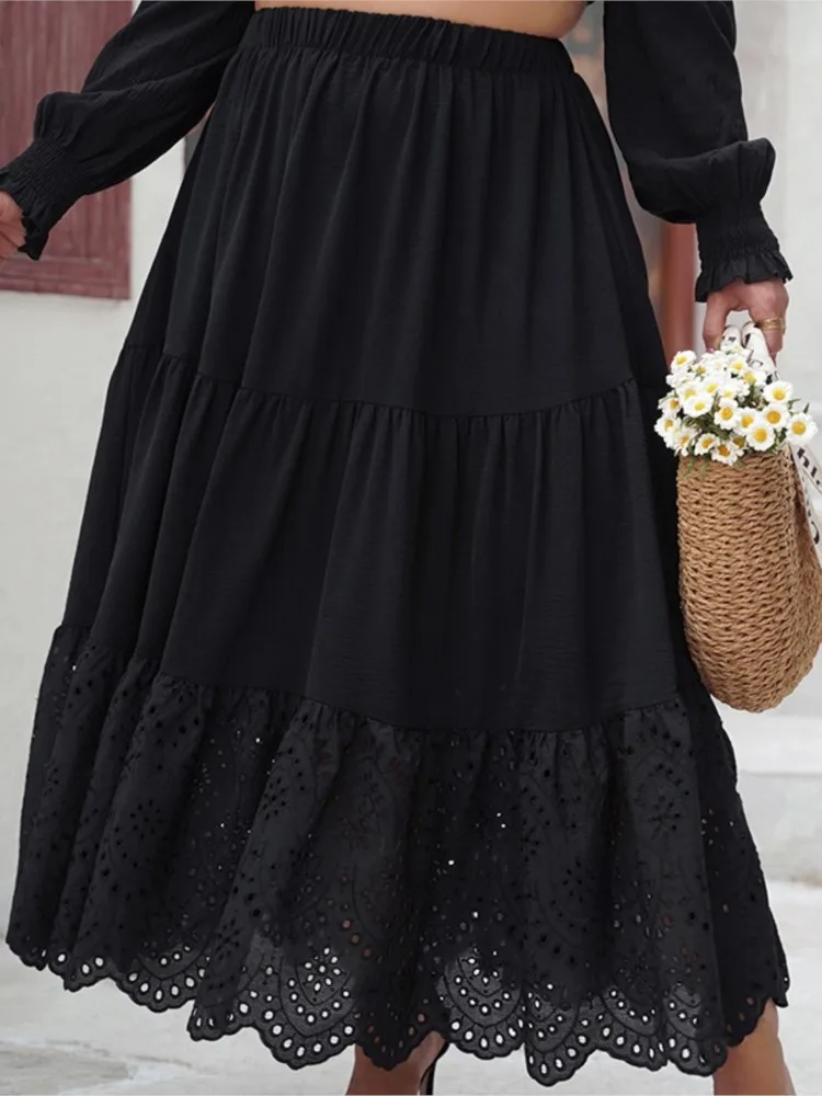Plus Size Spring Long Skirts Women Hollow Out Loose Ruffle Pleated Ladies Skirts Elastic High Waist Fashion New Woman Skirts