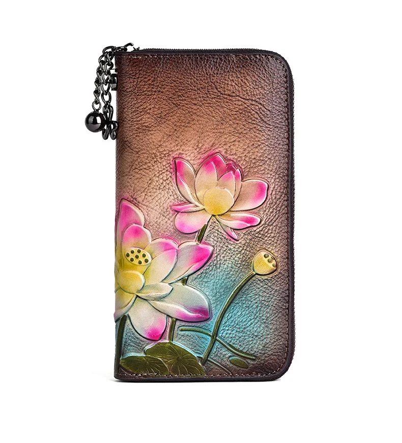 Blumen echte Kuh Leder Geldbörse weibliche Vintage Echt leder Frau Brieftasche lange chinesische Lotus Muster Clutch Tasche – Detail 13