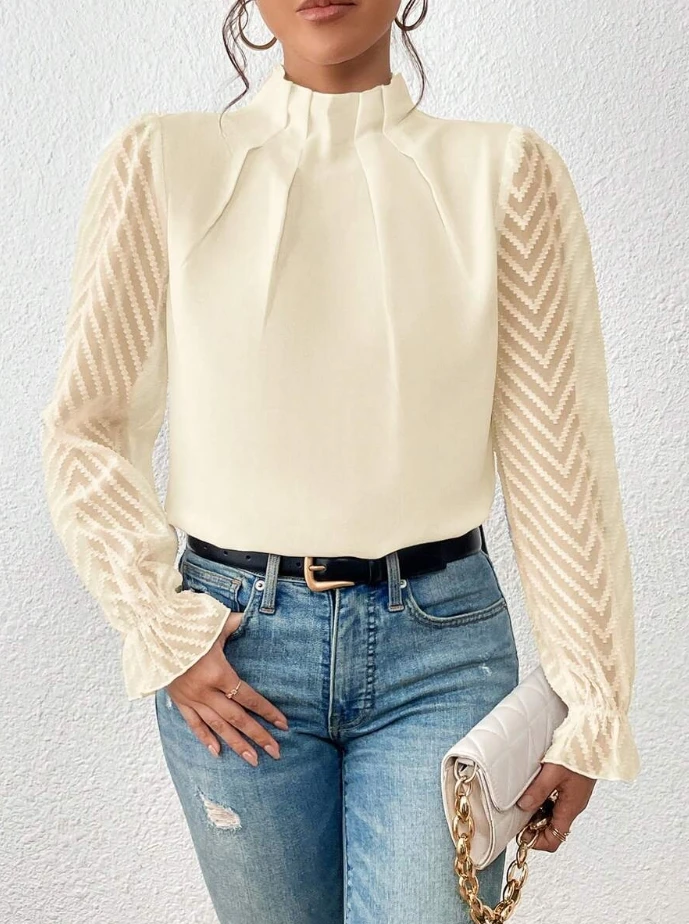 

Fashionable Women's Blouses 2023 New Half Turtle Collar Spliced Wave Pattern Chiffon Autumn Elegant Long Sleeve Tops Women