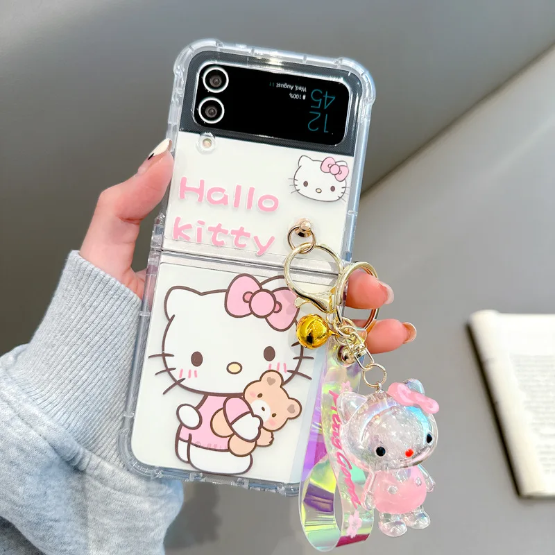 

Hello Kitty Sanrio Anime Phone Case for Samsung Galaxy ZFlip5 5G ZFlip3 Z Flip 5 Flip3 zflip Flip4 Cartoon PC Cover With Pendent