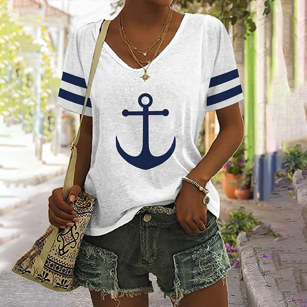 

Summer Women T Shirt Boat Anchor Print Fashion V Neck Short Sleeve Tees Tops Pullover Women's Casual Loose T-shirt Y2k Clothing