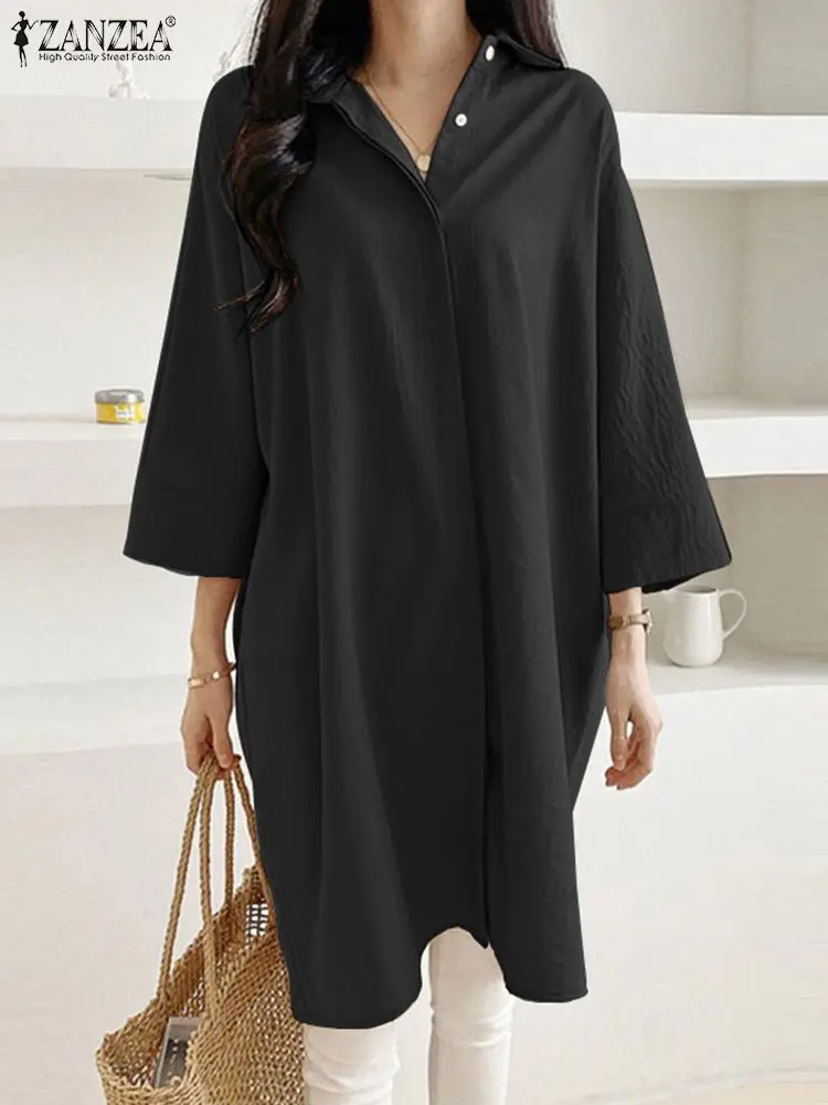 

Женская Осенняя Модная рубашка ZANZEA с отложным воротником и рукавом 3/4, однотонные свободные длинные топы, элегантная Рабочая блузка, блузы большого размера на пуговицах