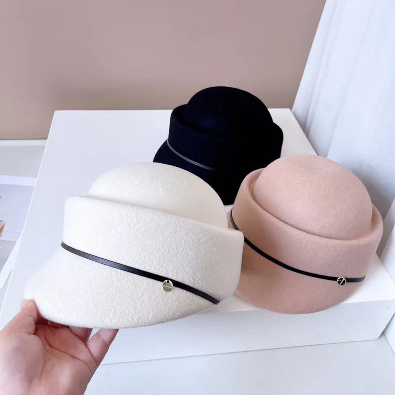 

202308-2508937 chic dropshipping winter japan pu belt wool felt lady Equestrian visors cap women leisure Equestrian hat