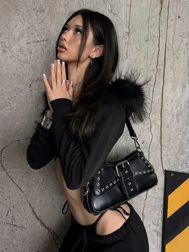 Nibber Patchwork Plush Hooded Crop Coats Women Zipper Full Sleeve High Street Sexy Hottie Autumn Trend Hip-Hop Style Sexy Jacket