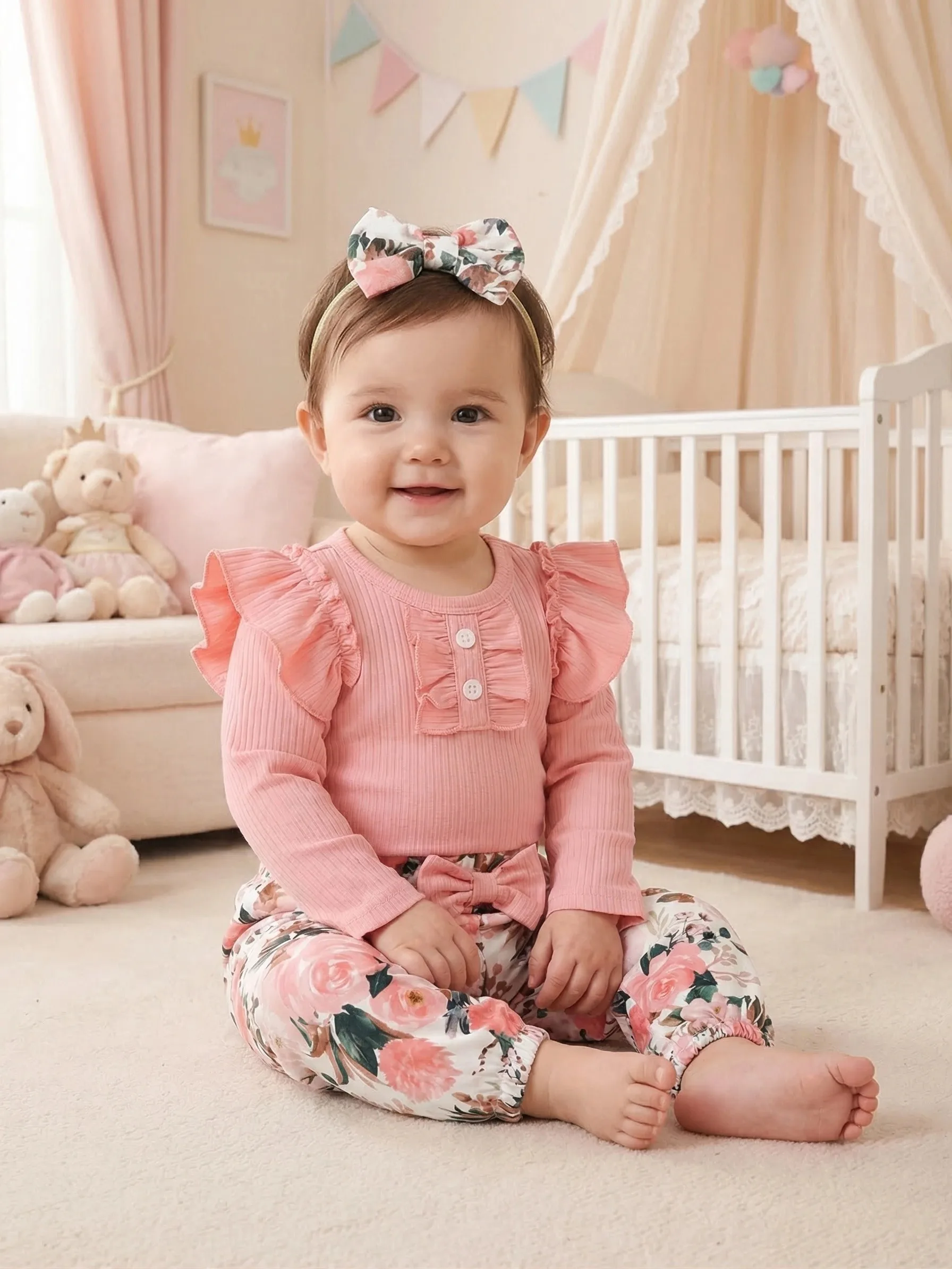Süßes, frisches Baby-Mädchen-Outfit mit Blumenspitze, bequem, einfach zu tragen, schulterfreies Baby-Mädchen-Set mit Print-Design – Detail 1