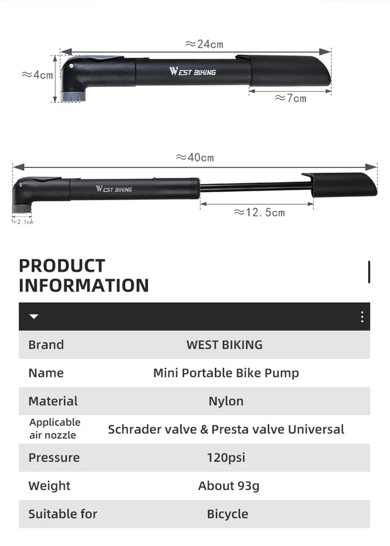 Description Picture 4 of itemWEST BIKING Portable Bicycle Pump Schrader/Presta Valve Universal Air Pump MTB Road Bike Tire Hand Inflator Cycling Accessories
