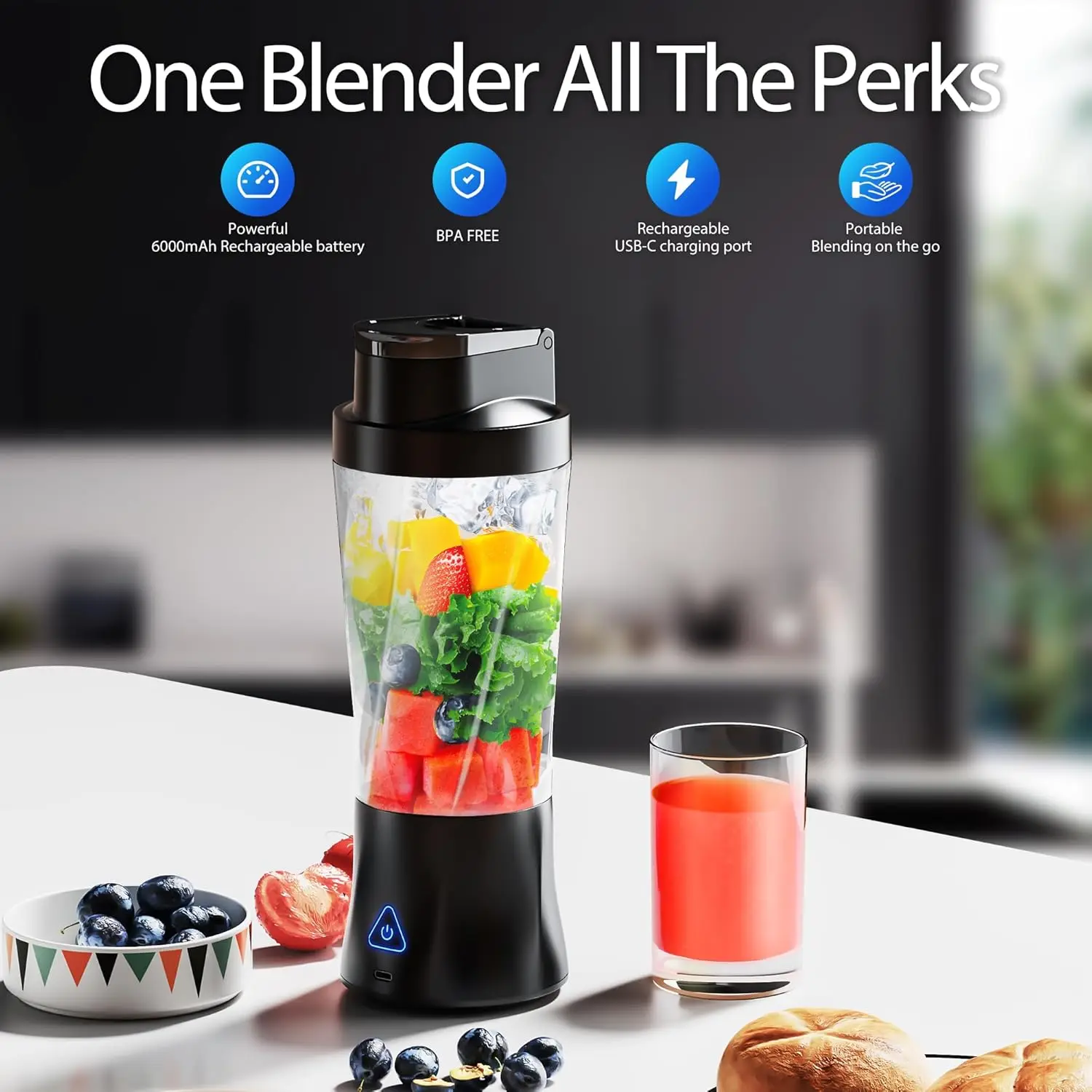Portable Blender Cordless Self-Cleaning Mini Blender with Lid Silent Mini Travel Blender with Stainless Steel Blades USB Charge 2