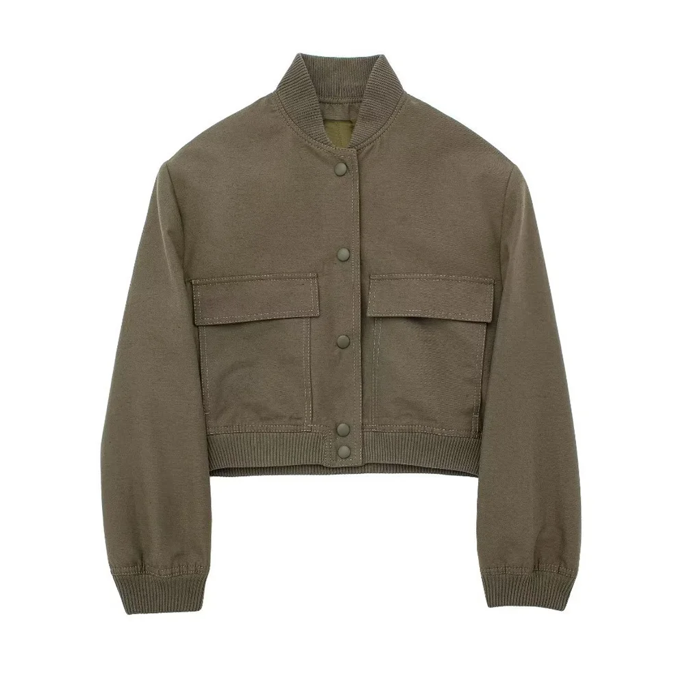 

Women Spring Autumn Solid Jacket Fashion Long Sleeve Single Breasted Slim Cropped Short Coat Casual Standing Collar Mujer