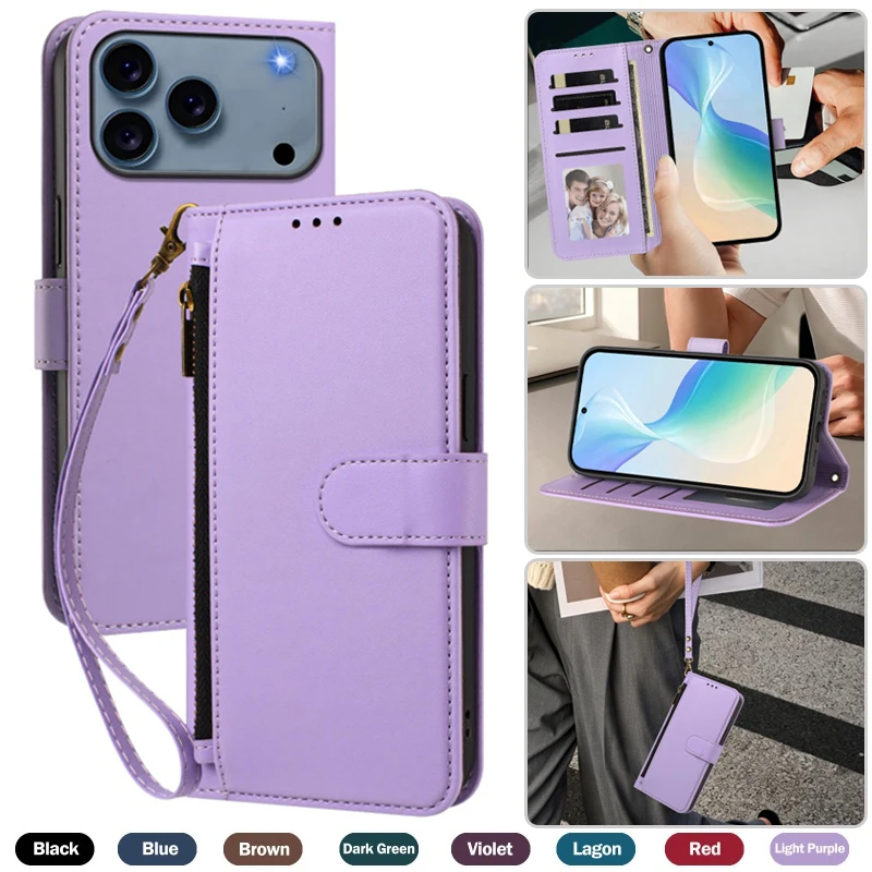 Luxurious Zipper Leather Wallet Phone Case with Wrist Strap and Card Slots