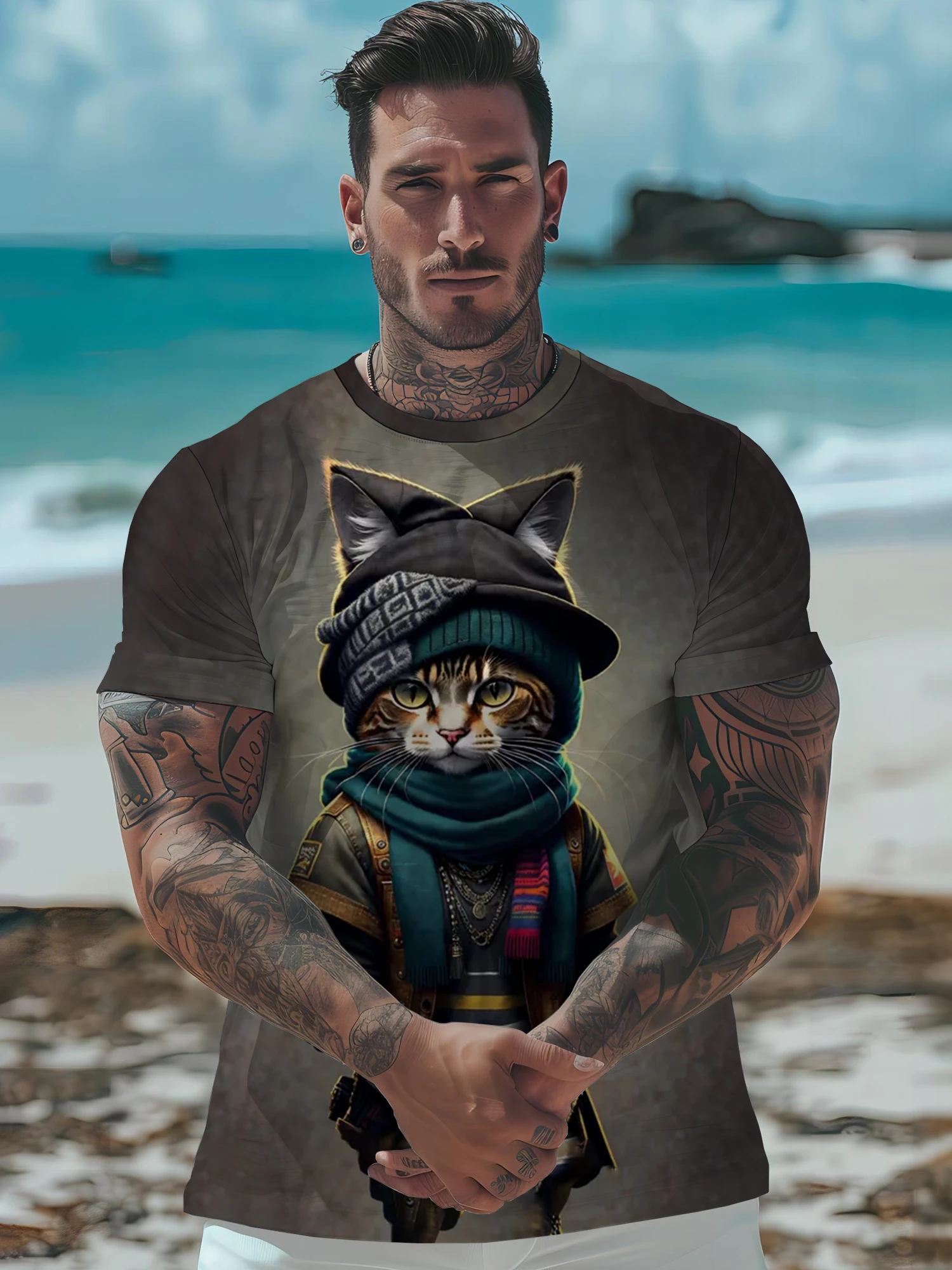 

Casual Men's T-Shirt Stray Cat Pattern Printed T-Shirts Loose Short Sleeved Tees Oversized Men Clothing Tops Streetwear Summer