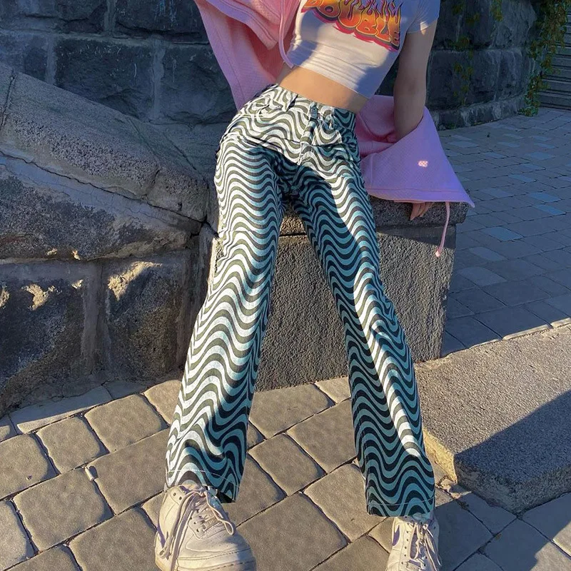 Wave Pattern Casual High Waist Pants Street Style Trend Women's Pants Simple Casual Pants Women's 2024 Fall New Straight Pants