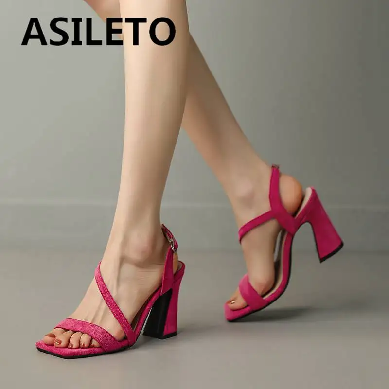 

ASILETO Female Sandals Square Toe Flock Suede Back Strap Strange Heels 9cm Large Size 40 41 42 Solid Sexy Dating Women Shoes