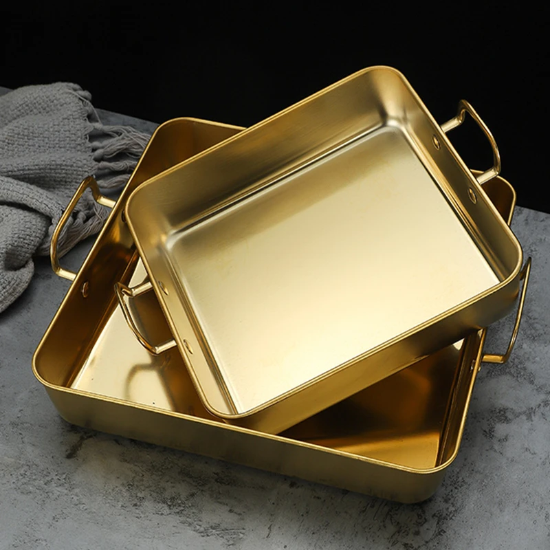 Stainless Steel Square Food Storage Serving Trays with Handle Fruit Bread Barbecue Plate Korean Chicken Fries Snack Dishes 2