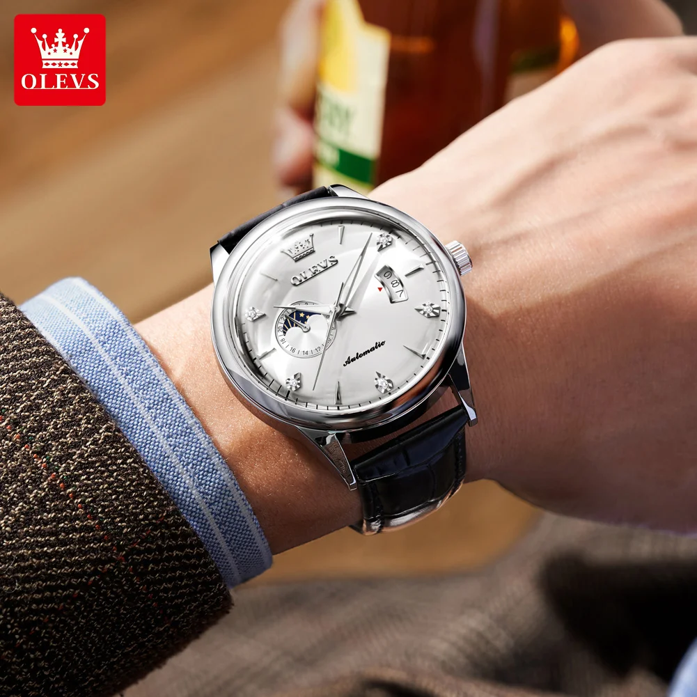 OLEVS Mens Watch Original Brand Mechanical Wristwatch Men Leather Strap Reloj Waterproof Luminous Automatic Date Watches