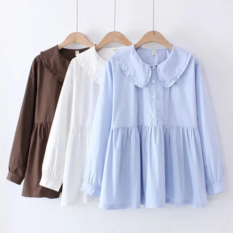 Plus Size Women's Blouses Autumn New Style Peter Pan Collar Long Sleeved Shirt Casual Cotton Imitation Lyocell Tops 6114