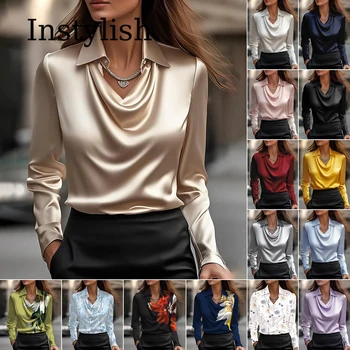 Women Long Sleeve Lapel V Neck Satin Blouse Elegant Solid Loose Shirt Spring Summer Simple Chic Offce Lady Tops Fake Silk Shirt