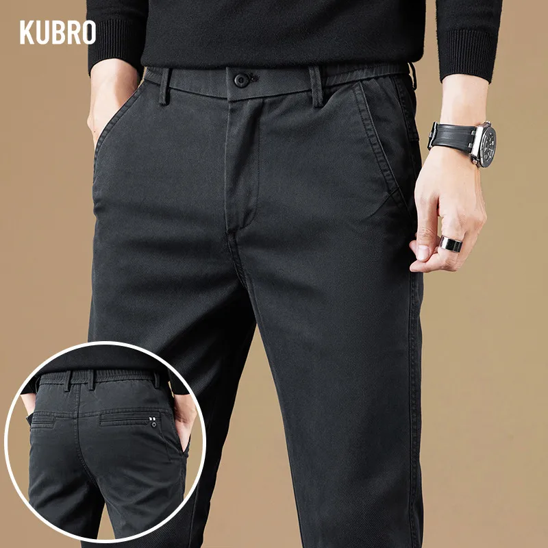 KUBRO Autumn Winter Soft Cotton Fabric Casual Pants Men Thick Business Slim Fit Brand Clothing Korea Fashion Trousers Male men cotton pants