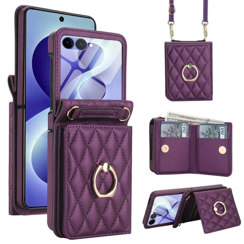 Lanyard Leather Wallet Phone Case with Ring and Card Holder