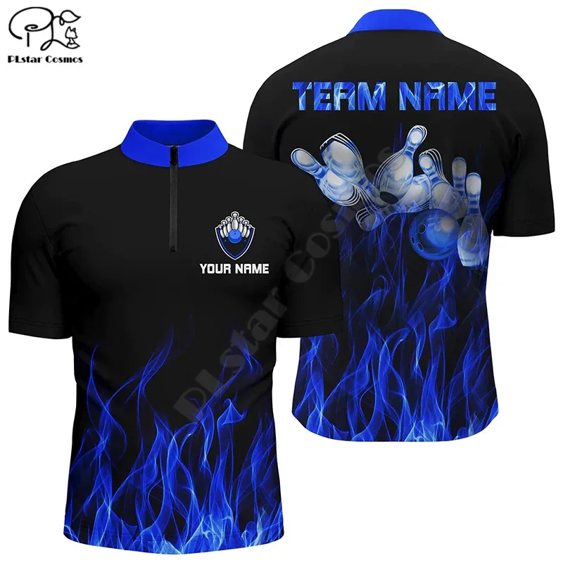Maglia Da Bowling Da Uomo Personalizzata Con Zip A Un Quarto Di Pollice Maglia Da Bowling Con Fiamma Blu E Spille Maglie Da Bowling Per Magliette Con 