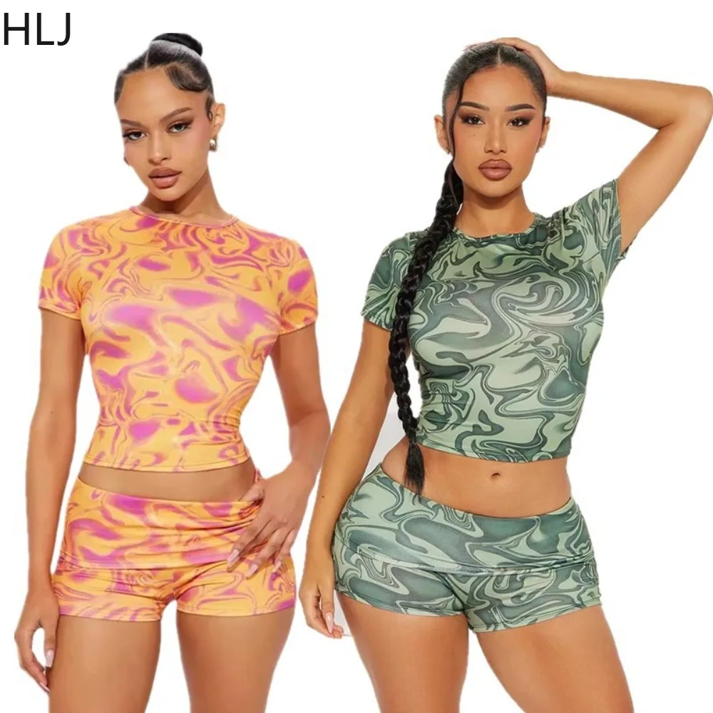 HLJ Summer New Printing Hot Girl Two Piece Sets Women Round Neck Short Sleeve Crop Top+Biker Shorts Outfits Female 2pcs Clothing