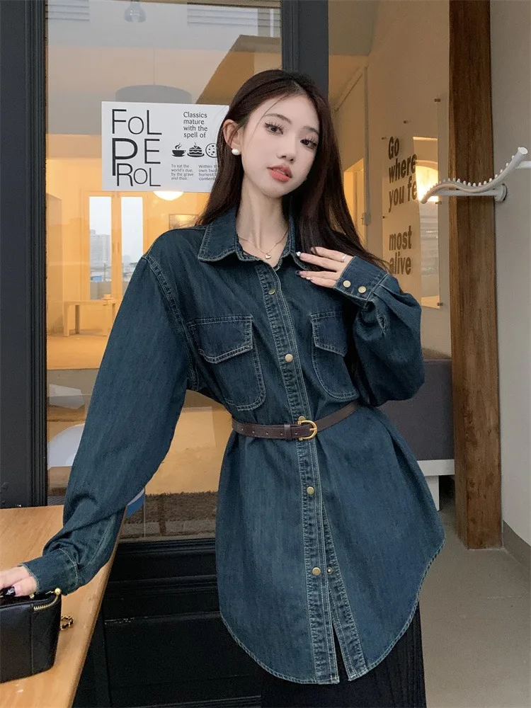 Kimotimo 여성용 빈티지 데님 셔츠, 라펠 벨트, 허리 긴팔 상의, 한국 심플 캐주얼 루즈, 중간 길이 블라우스, 2024 용수철