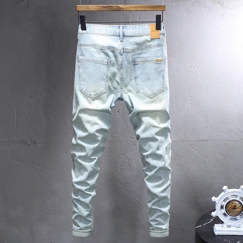 Newly Designer Fashion Men Jeans Retro Light Blue Elastic Stretch Slim Fit Ripped Jeans Men Vintage Casual Denim Pants Hombre