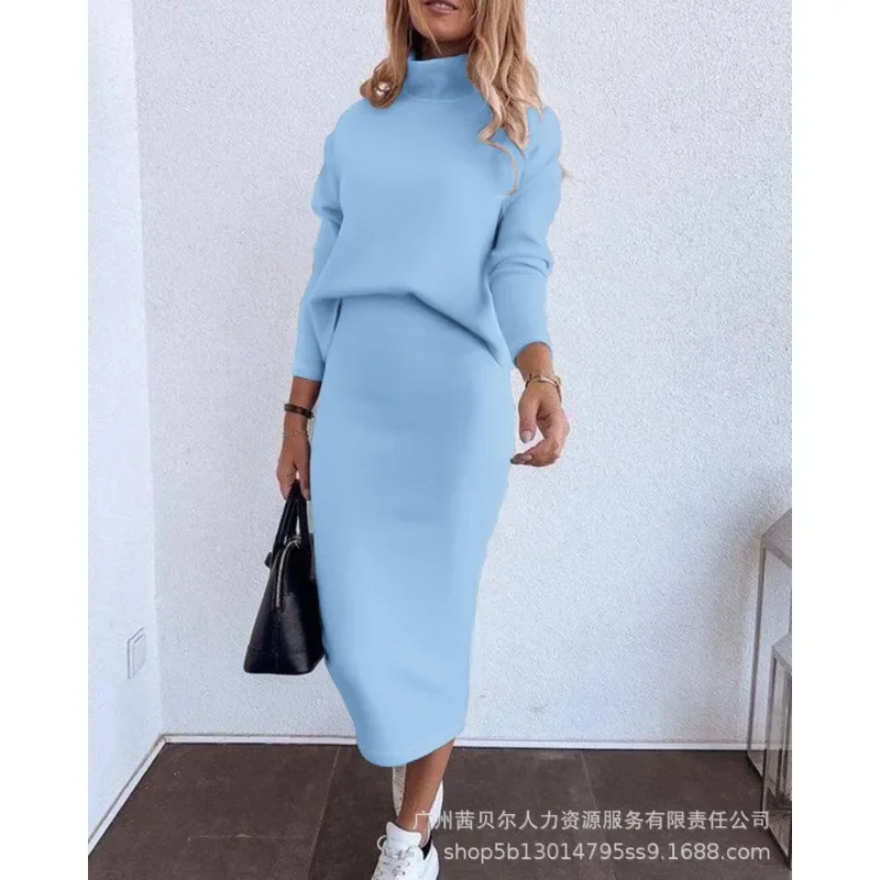 

Women High Waist Knitted Skirts Turtleneck Sweater Y2K Gray Casual Sweaters Dress Sets Pullovers Two Piece Sets Pencil Skirts