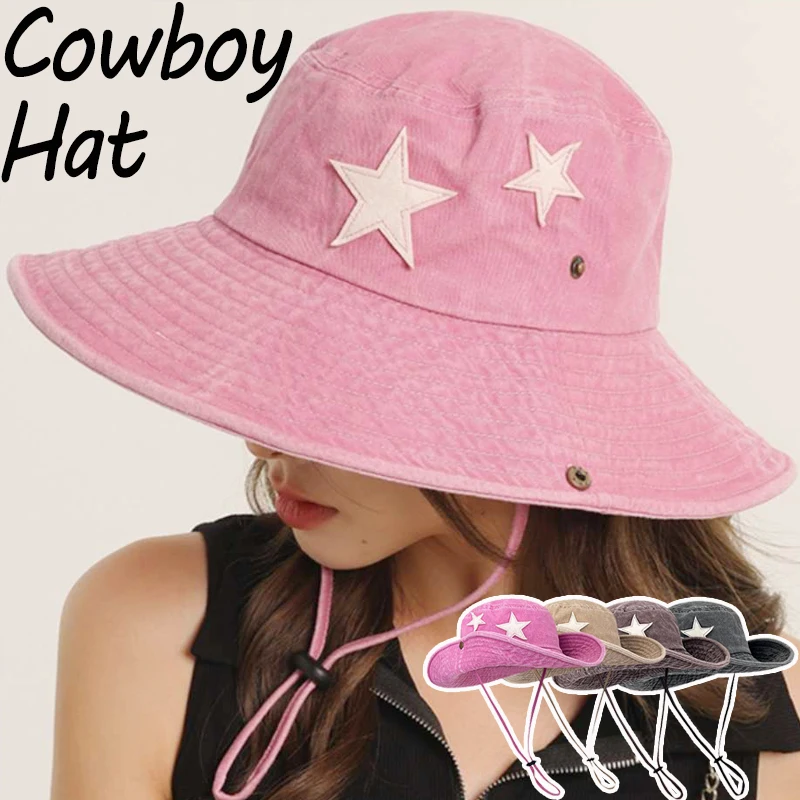 Hot Sale Punk Stars Bucket New Summer Y2K Star Pink Retro Big Brim Outdoors Sun Protection Girl Cowboy Hat Casual Jazz Cap_senzul.com
