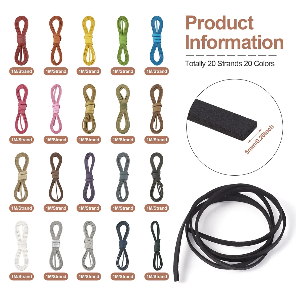 20 Strands 5mm Flat Suede Imitation Leather Cord String Rope with Metallic Wire Twist Ties for DIY Necklace Bracelet DIY Craft