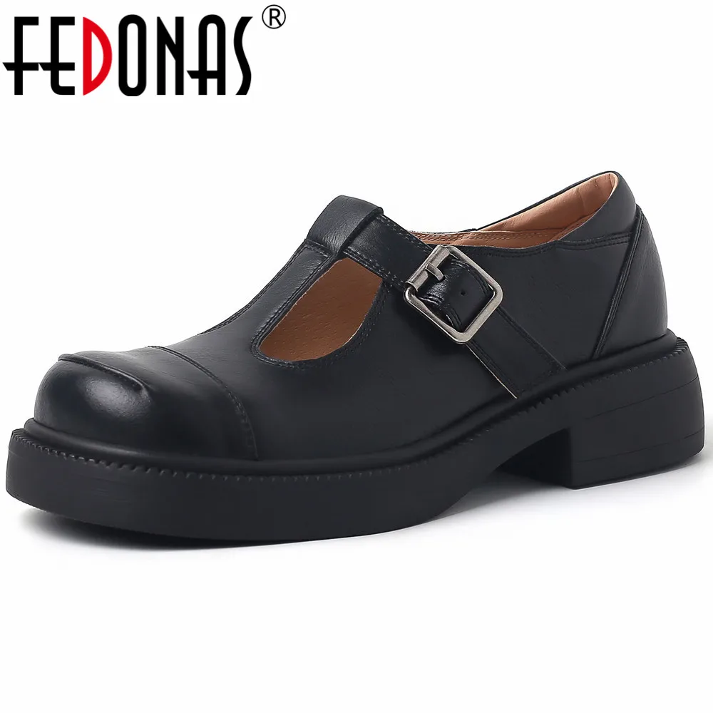 

FEDONAS Retro Round Toe Basic Women Pumps Genuine Leather T-Tied Thick Heels 2024 Spring Summer Casual Working Pumps Shoes Woman