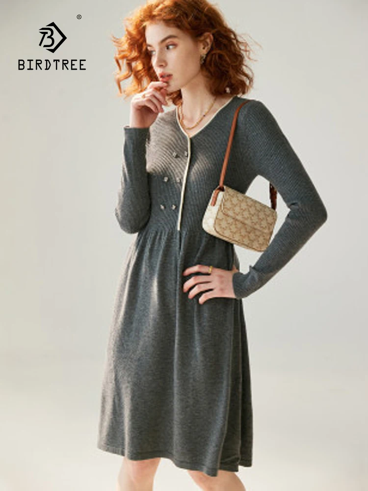 

Birdtree 100%Sheep Wool High Waist Versatile Dress Women's Autumn Winter Fashion V-Neck Commuter Warm Silm Dress New D3D769QC