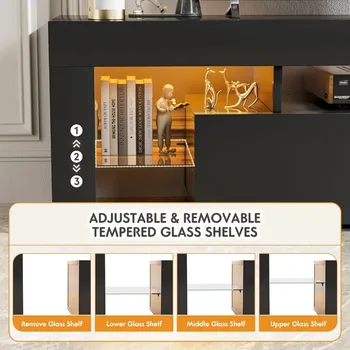 Modern LED TV Stand for Televisions up to 70 Inch with Glass Shelves and Drawer, Gaming Entertainment Center with Multiple 5