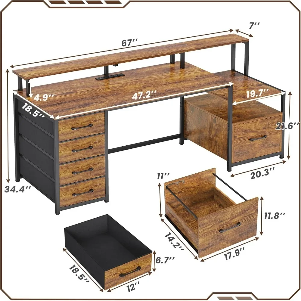 Home Office Desk with File Drawer & Power Outlet, 66'' Computer Desk with 5 Drawer, Storage Shelves, Printer Cabinet 6
